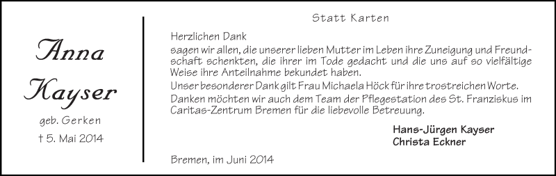 Traueranzeige von Anna Kayser von WESER-KURIER
