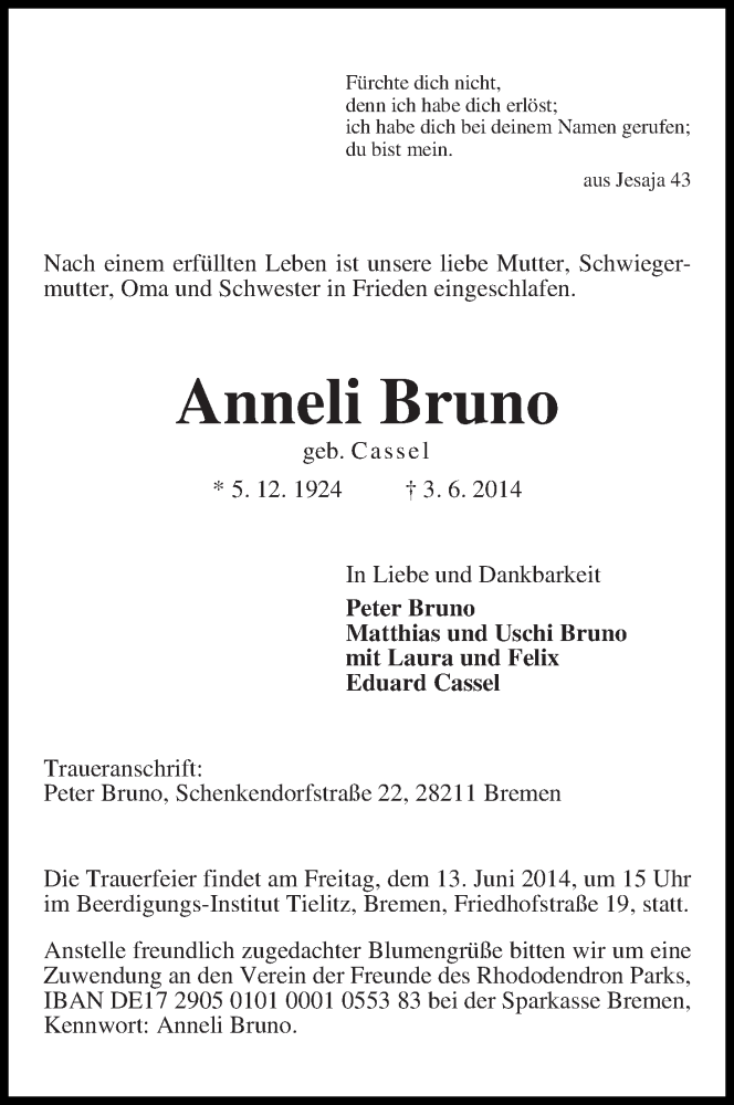 Traueranzeige von Anneli Bruno von WESER-KURIER