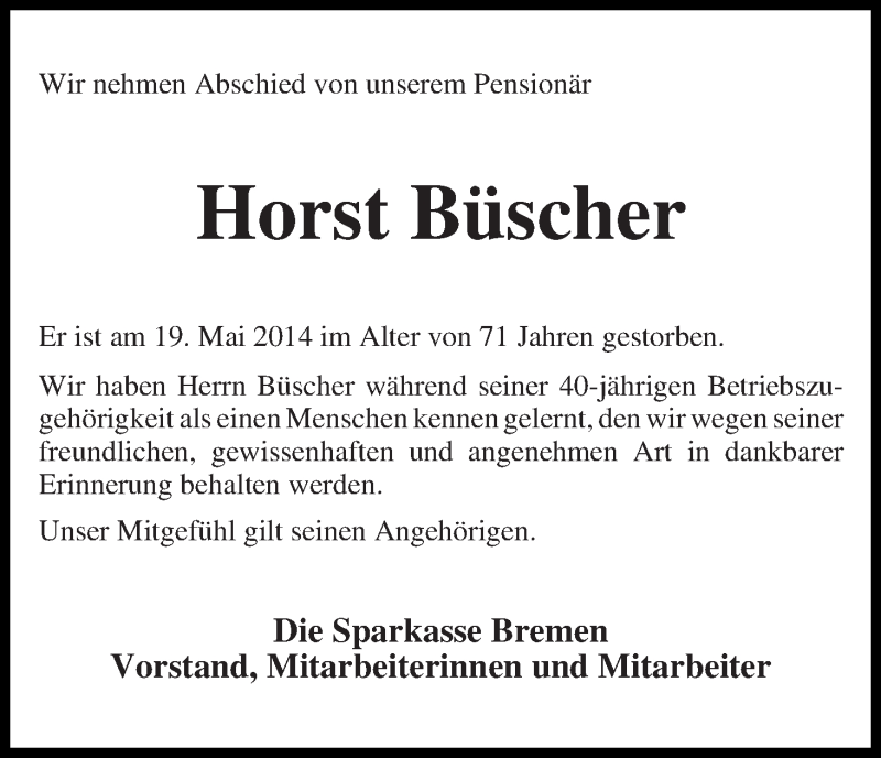 Traueranzeige von Horst Büscher von WESER-KURIER