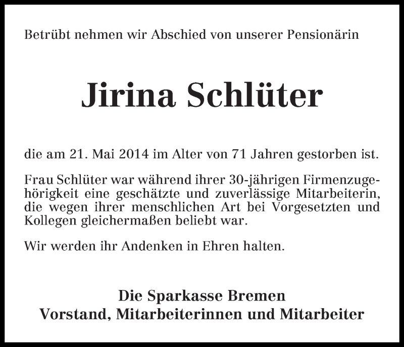 Traueranzeige von Jirina Schlüter von WESER-KURIER