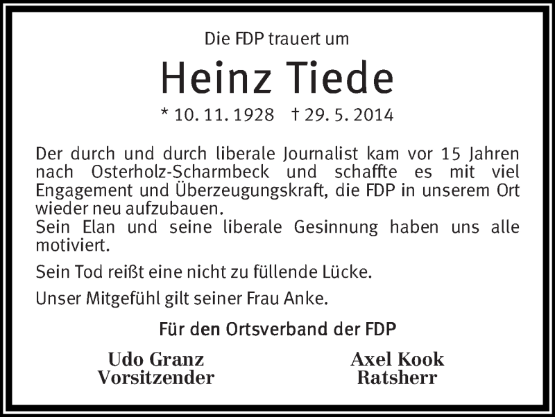 Traueranzeige von Heinz Tiede von Osterholzer Kreisblatt