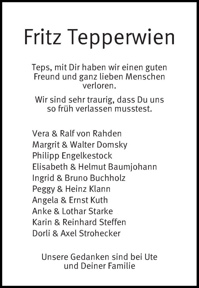 Traueranzeige von Fritz Tepperwien von WESER-KURIER