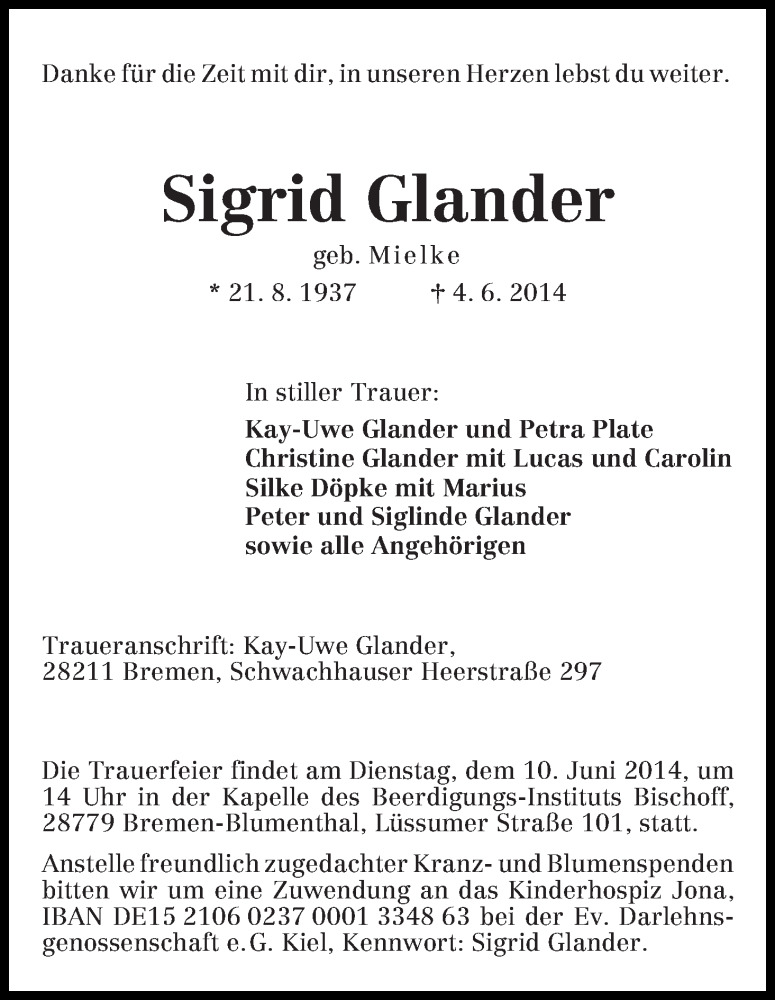 Traueranzeige von Sigrid Glander von WESER-KURIER