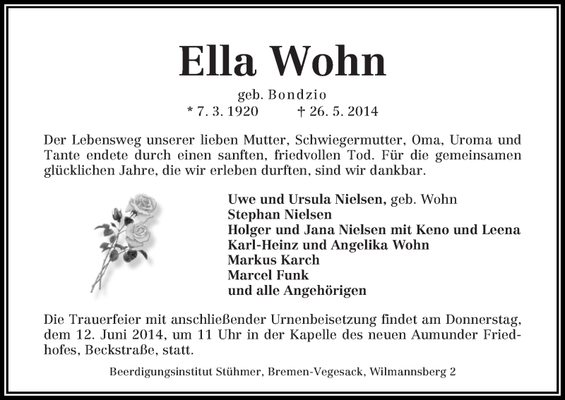 Traueranzeige von Ella Wohn von Die Norddeutsche