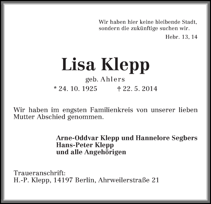 Traueranzeige von Lisa Klepp von WESER-KURIER