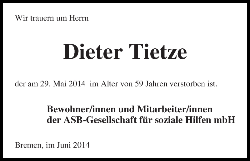 Traueranzeige von Dieter Tietze von WESER-KURIER