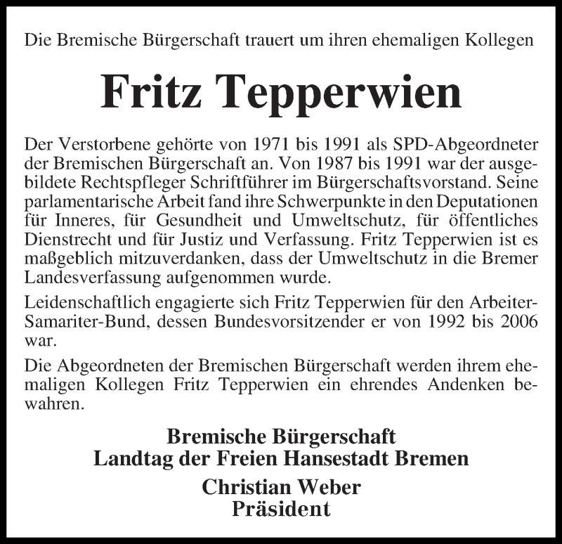 Traueranzeige von Fritz Tepperwien von Die Norddeutsche