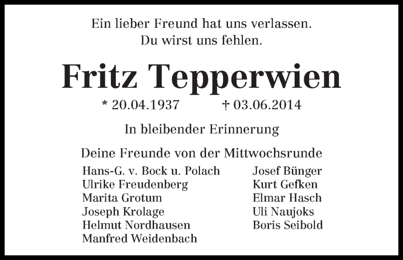 Traueranzeige von Fritz Tepperwien von WESER-KURIER