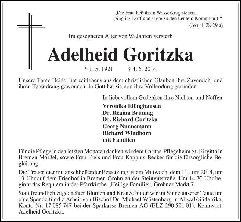 Traueranzeige von Adelheid Goritzka von WESER-KURIER