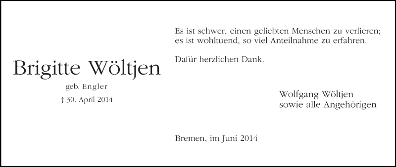 Traueranzeige von Brigitte Wöltjen von WESER-KURIER