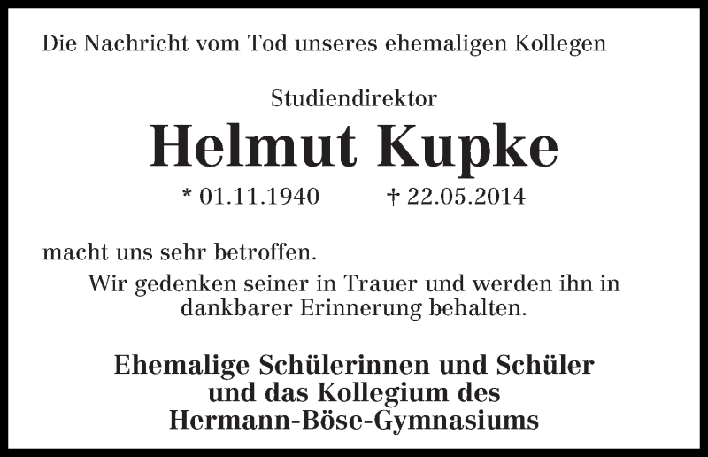 Traueranzeige von Helmut Kupke von WESER-KURIER
