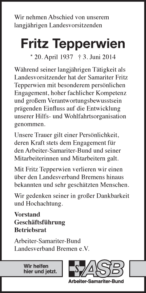 Traueranzeige von Fritz Tepperwien von WESER-KURIER