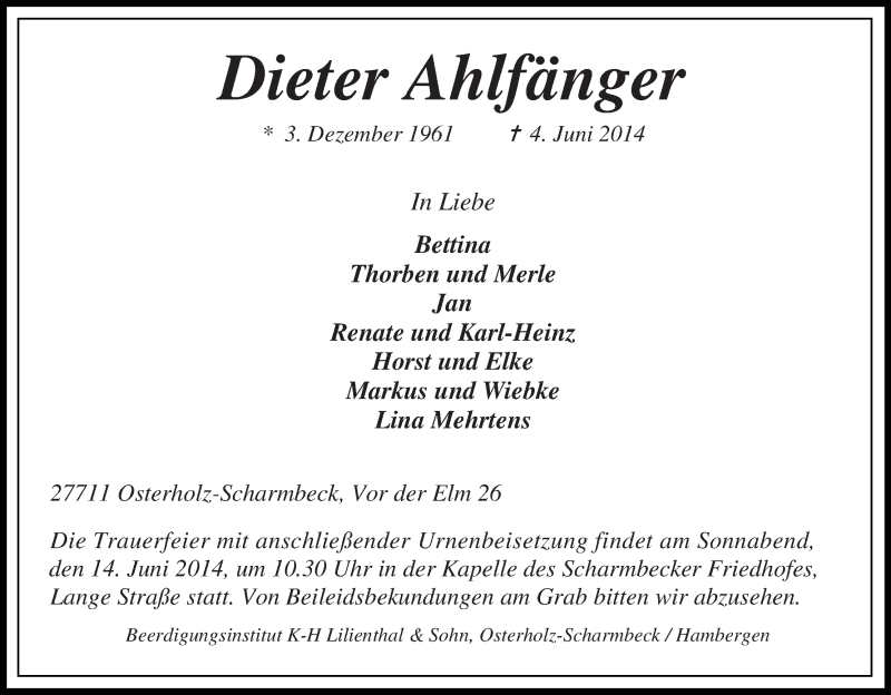 Traueranzeige von Dieter Ahlfänger von Osterholzer Kreisblatt