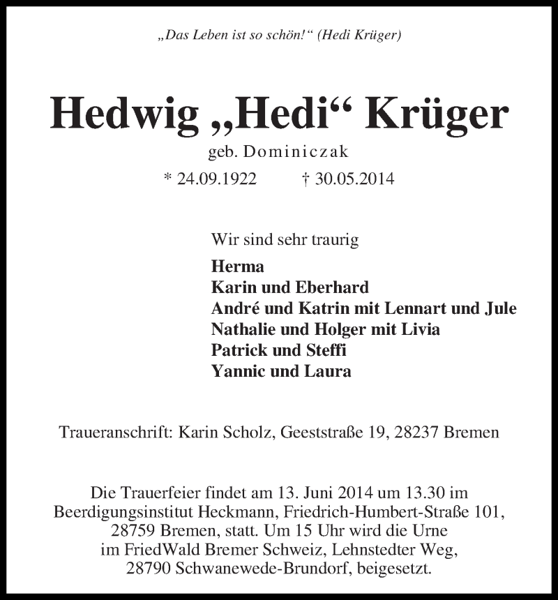Traueranzeige von Hedwig 