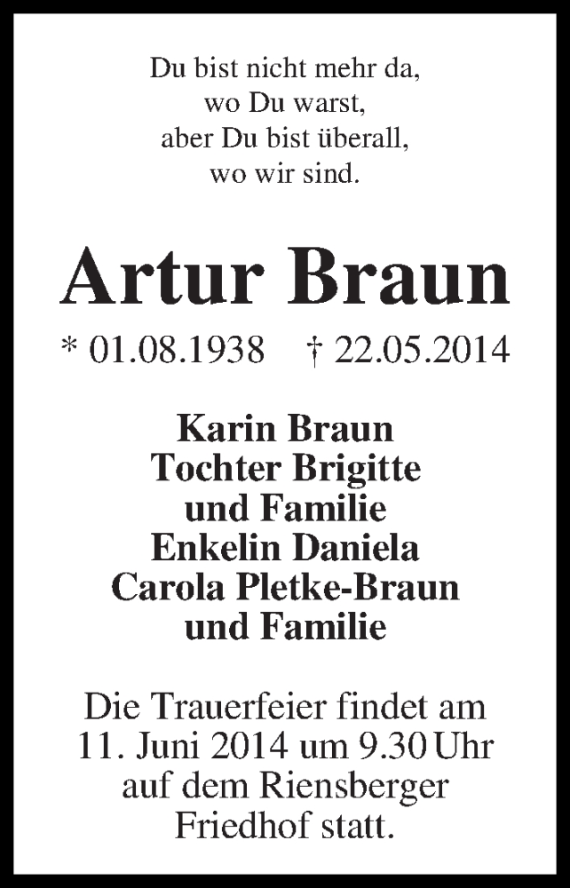 Traueranzeige von Artur Braun von WESER-KURIER