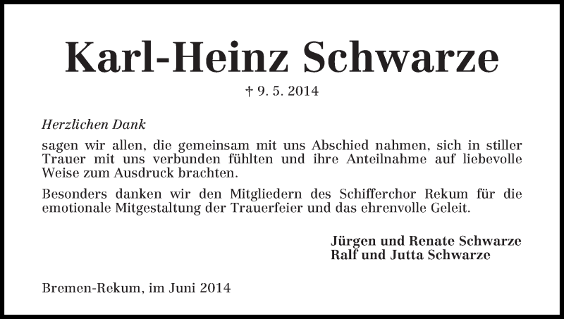 Traueranzeige von Karl-Heinz Schwarze von Die Norddeutsche