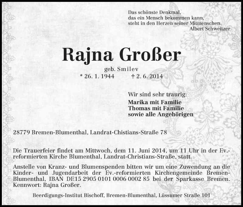 Traueranzeige von Rajna Großer von Die Norddeutsche