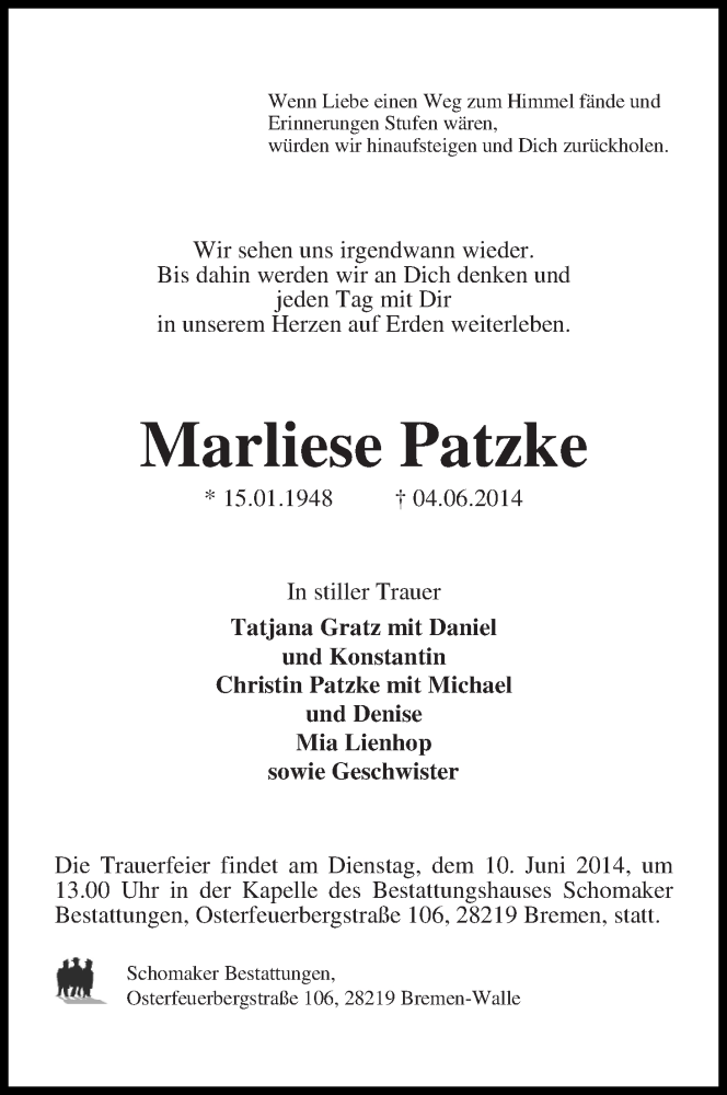 Traueranzeige von Marliese Patzke von WESER-KURIER