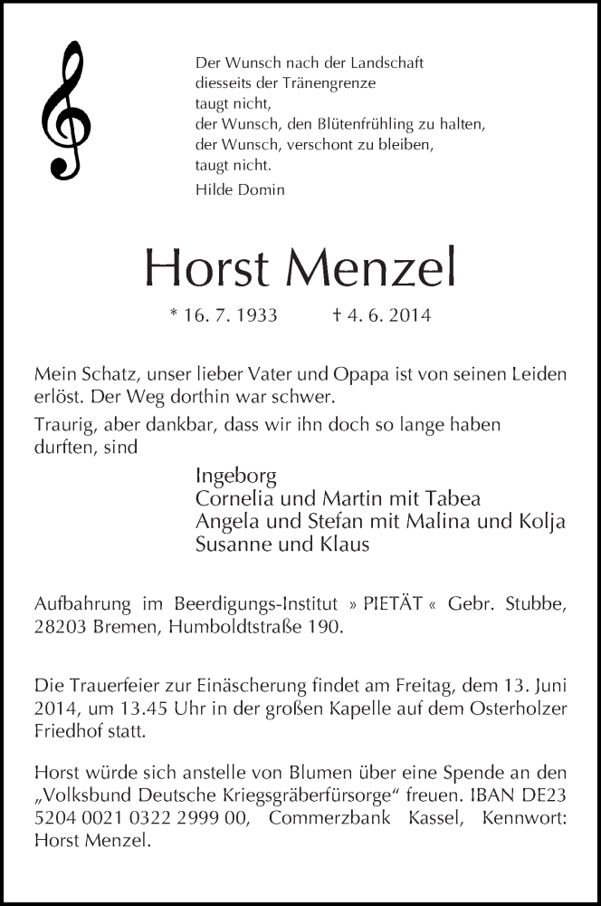 Traueranzeige von Horst Menzel von WESER-KURIER
