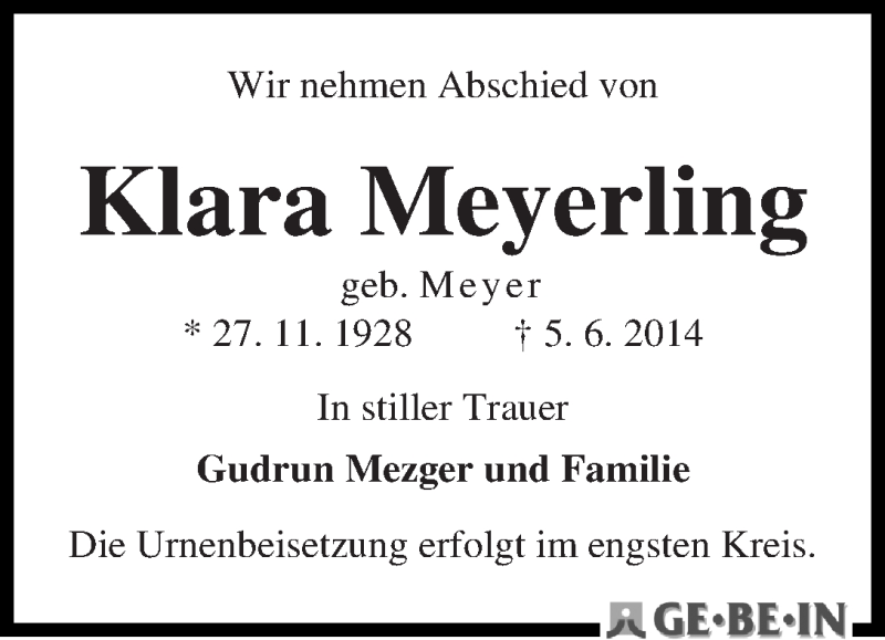 Traueranzeige von Klara Meyerling von WESER-KURIER