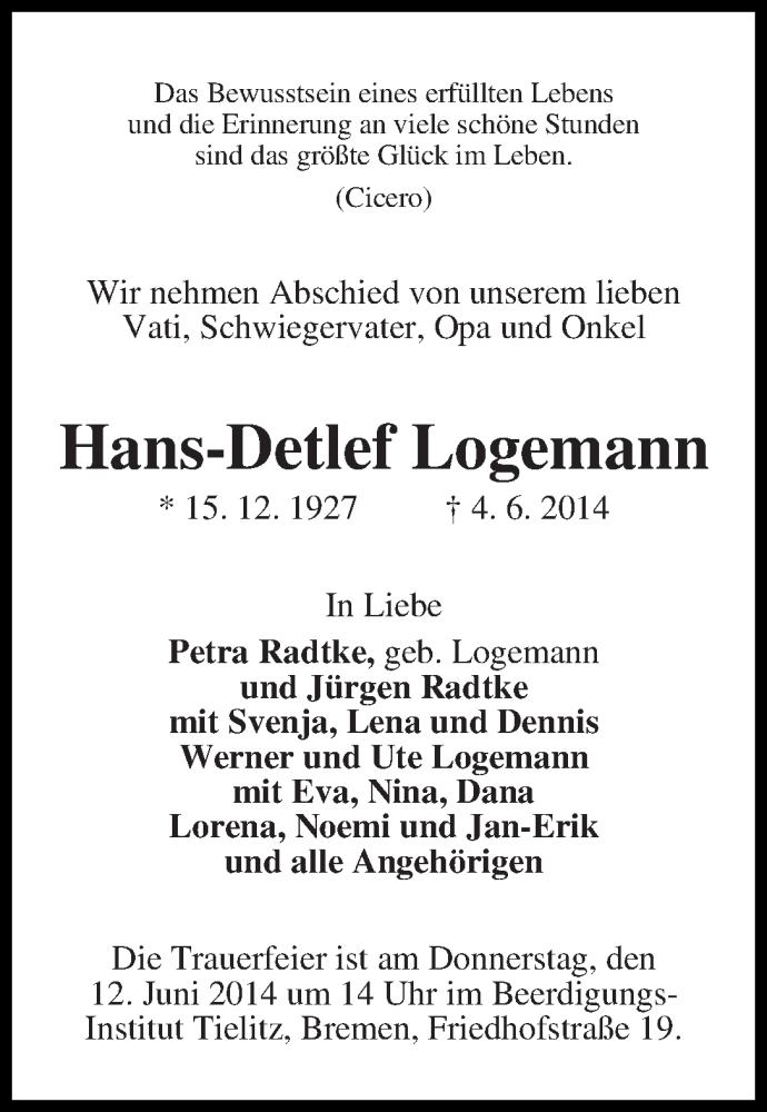 Traueranzeige von Hans-Detlef Logemann von WESER-KURIER