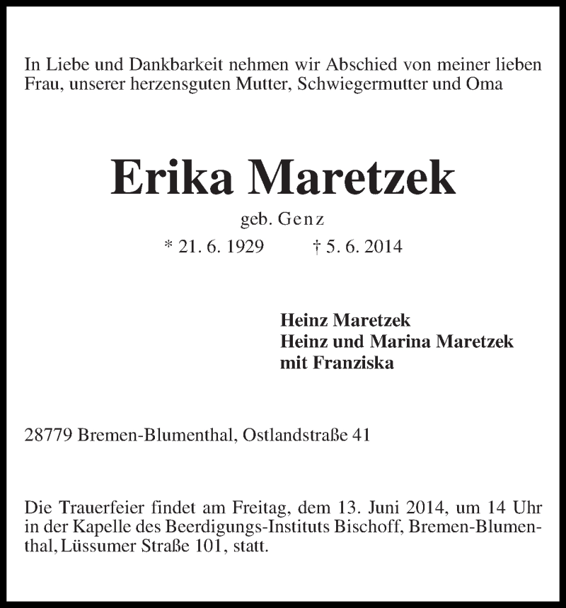 Traueranzeige von Erika Maretzek von Die Norddeutsche