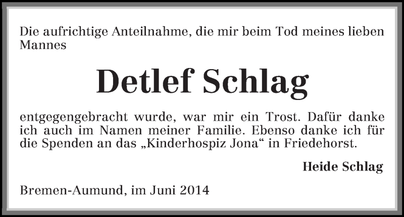 Traueranzeige von Detlef Schlag von Die Norddeutsche