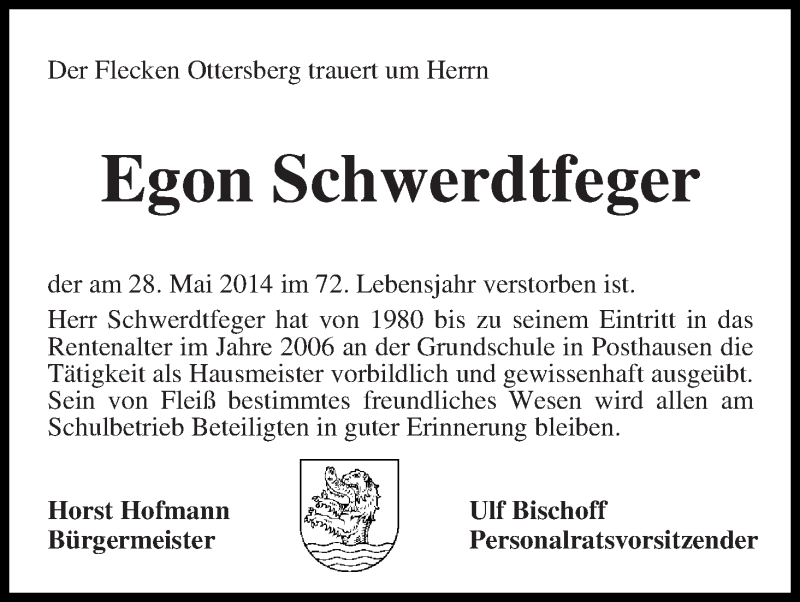 Traueranzeige von Egon Schwerdtfeger von Achimer Kurier/Verdener Nachrichten