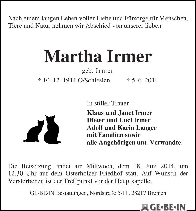 Traueranzeige von Martha Irmer von WESER-KURIER