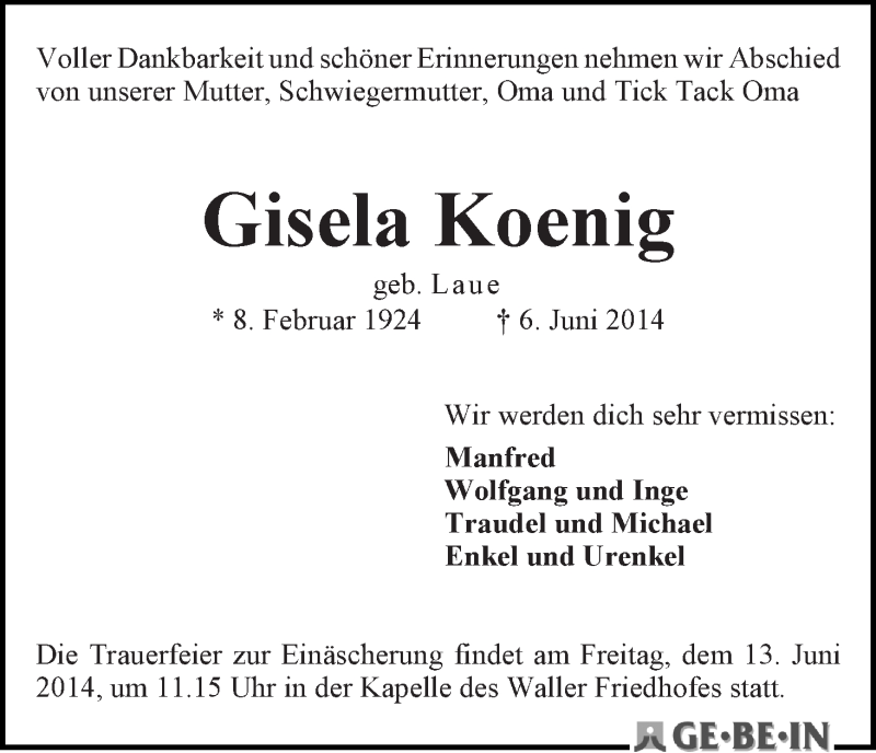 Traueranzeige von Gisela Koenig von WESER-KURIER