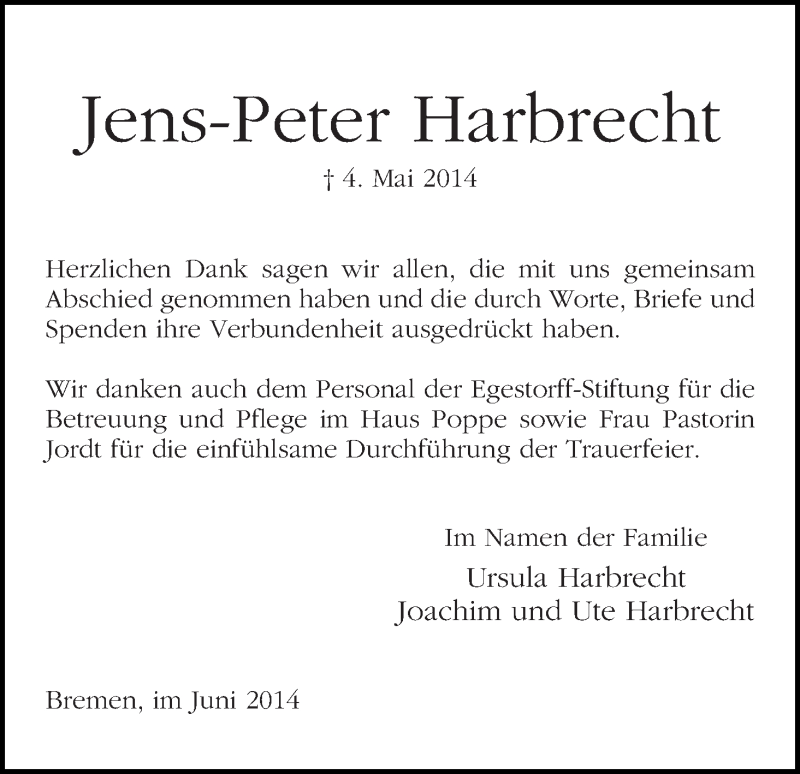Traueranzeige von Jens-Peter Harbrecht von WESER-KURIER
