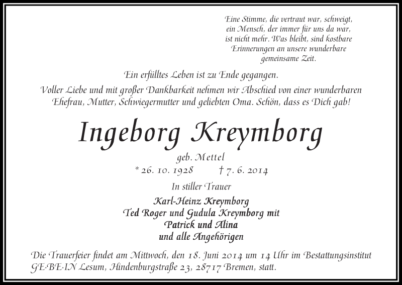 Traueranzeige von Ingeborg Kreymborg von WESER-KURIER