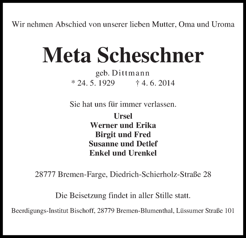 Traueranzeige von Meta Scheschner von Die Norddeutsche