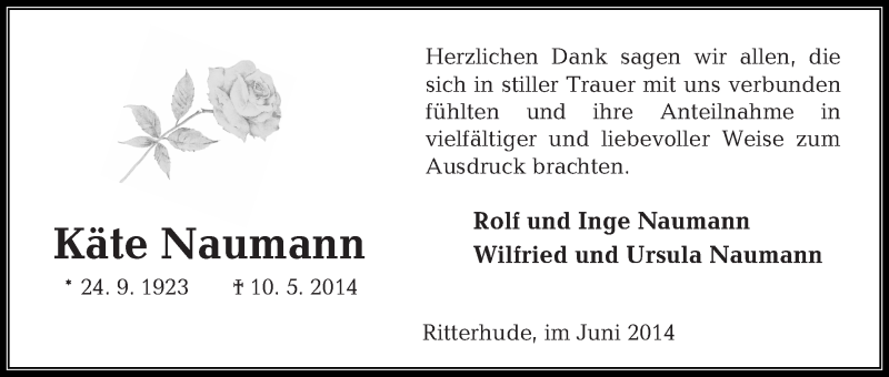 Traueranzeige von Käte Naumann von Osterholzer Kreisblatt