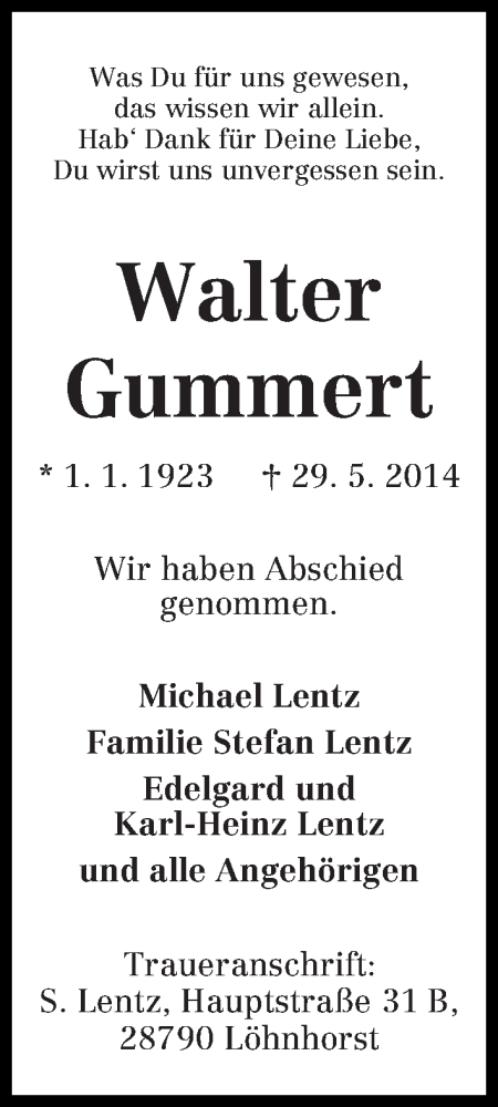 Traueranzeige von Walter Gummert von WESER-KURIER