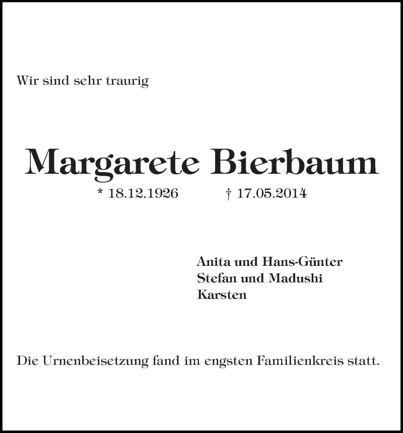 Traueranzeige von Margarete Bierbaum von WESER-KURIER