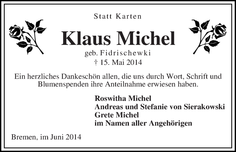 Traueranzeige von Klaus Michel von WESER-KURIER