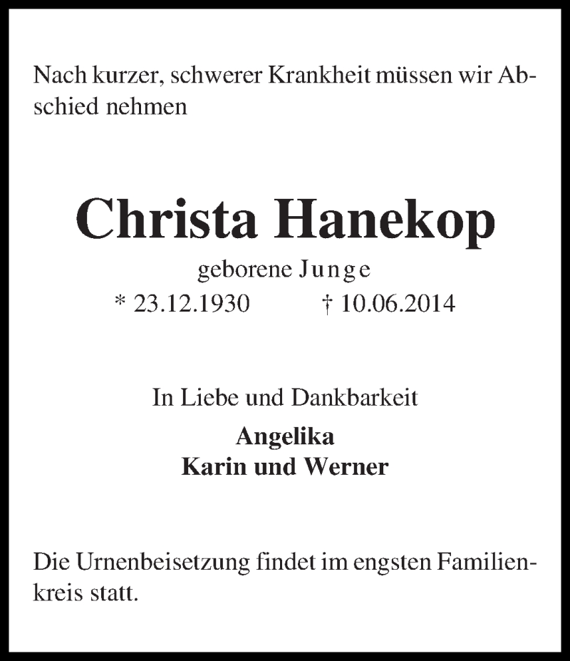 Traueranzeige von Christa Hanekop von WESER-KURIER
