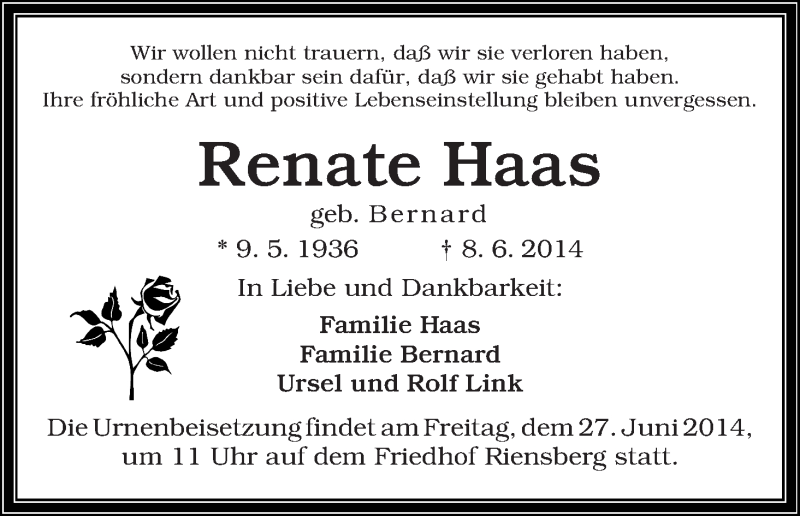 Traueranzeige von Renate Haas von WESER-KURIER