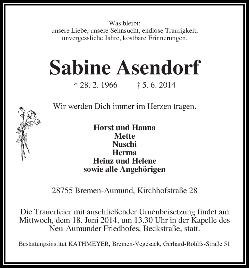 Traueranzeige von Sabine Asendorf von Die Norddeutsche