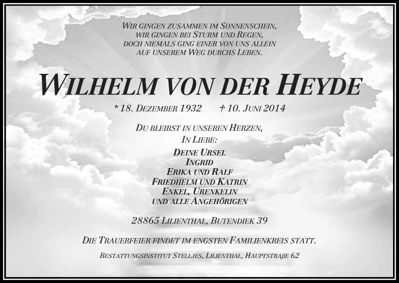 Traueranzeige von Wilhelm von der Heyde von Wuemme Zeitung