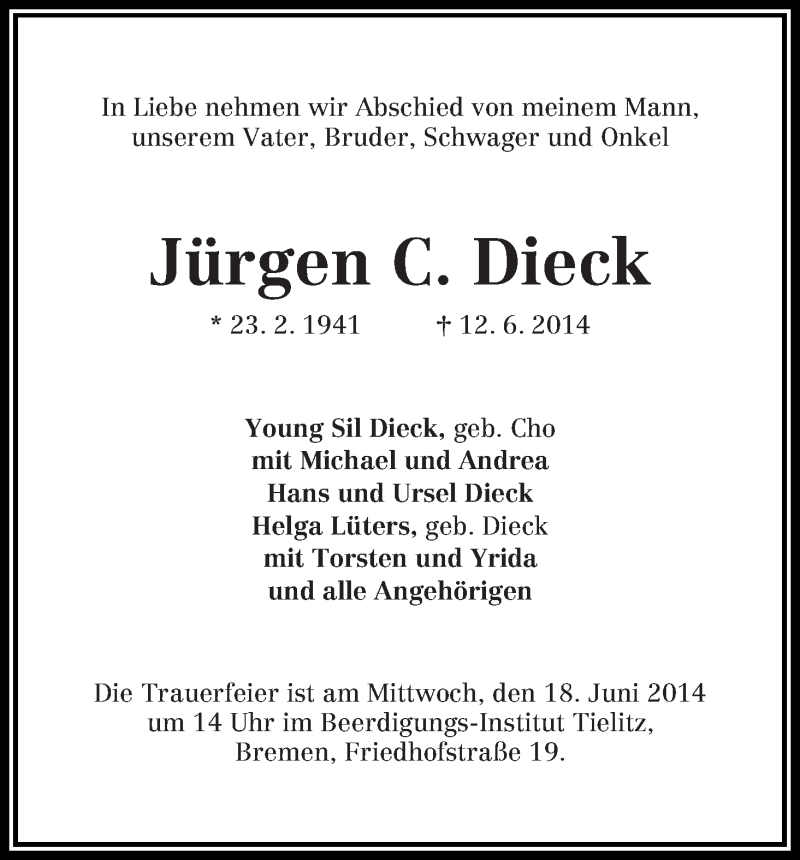Traueranzeige von Jürgen C. Dieck von WESER-KURIER