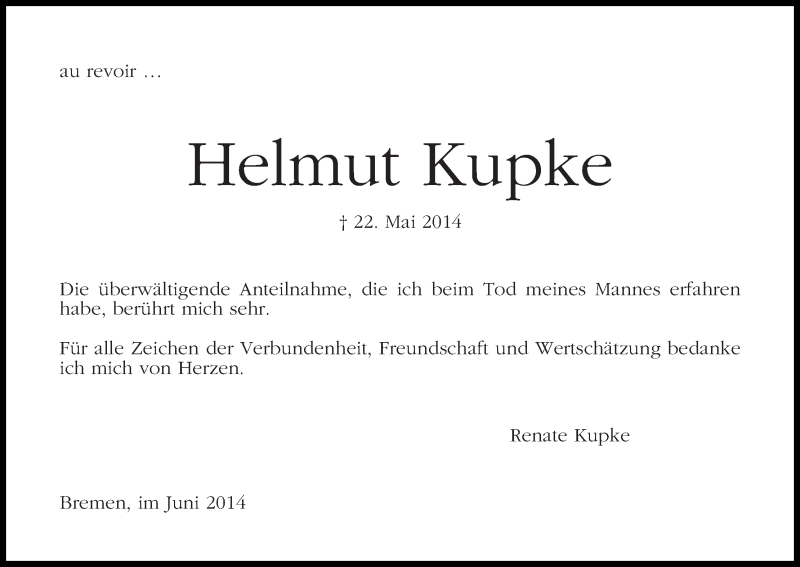 Traueranzeige von Helmut Kupke von WESER-KURIER
