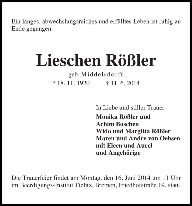 Traueranzeige von Lieschen Rößler von WESER-KURIER