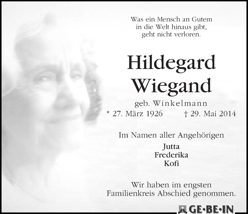 Traueranzeige von Hildegard Wiegand von WESER-KURIER