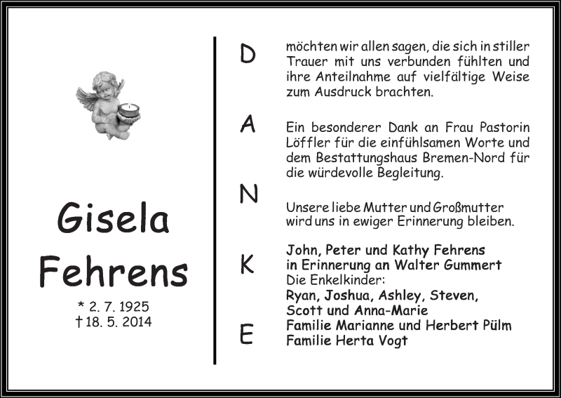 Traueranzeige von Gisela Fehrens von Die Norddeutsche