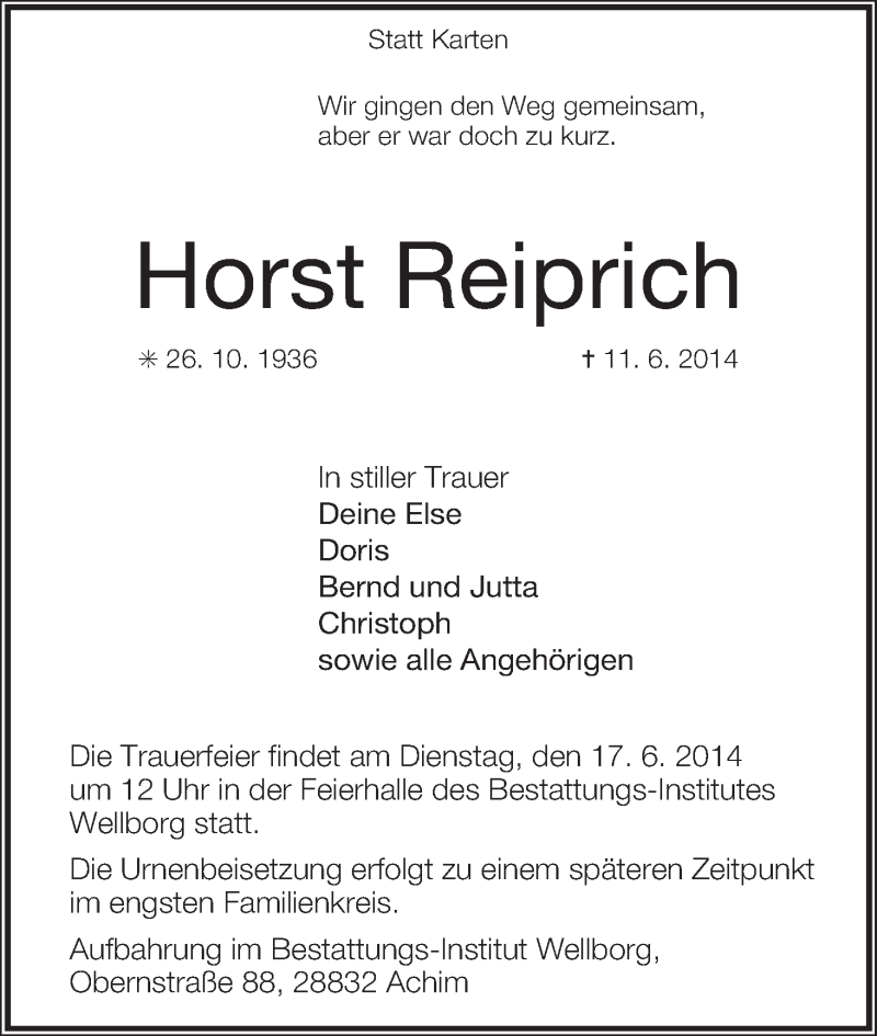 Traueranzeige von Horst Reiprich von Achimer Kurier/Verdener Nachrichten