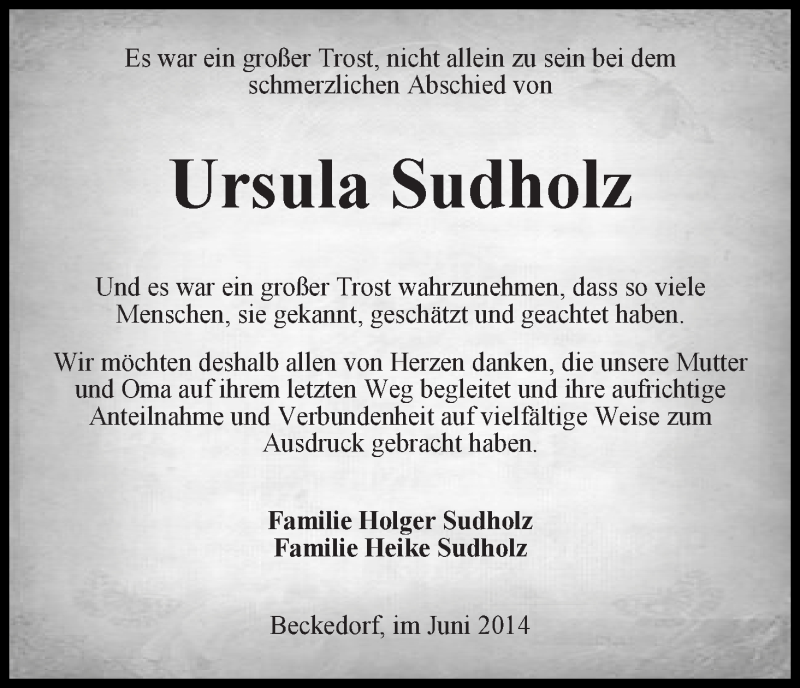 Traueranzeige von Urusla Sudholz von Die Norddeutsche