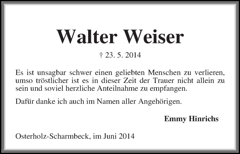Traueranzeige von Walter Weiser von Osterholzer Kreisblatt