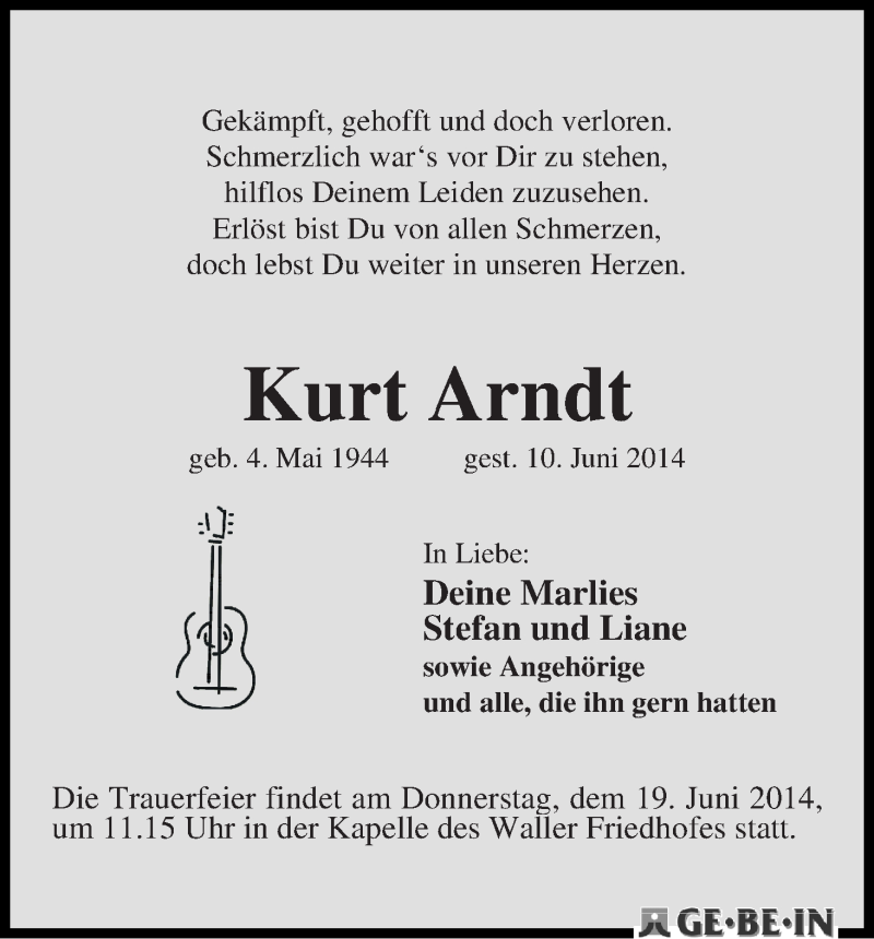Traueranzeige von Kurt Arndt von WESER-KURIER
